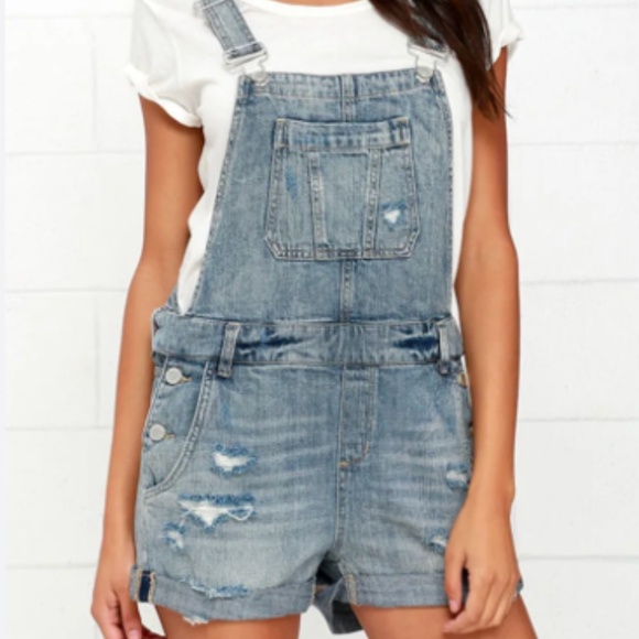 Blank NYC Medium Wash Short Distressed Denim Overalls - Picture 1 of 5